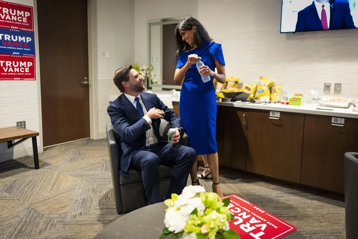 FILE — Sen. JD Vance (R-Ohio), former President Donald Trump’s choice for running mate, and his wife Usha Vance in a private area after The senator’s speech at the Republican National Convention, at Fiserv Forum in Milwaukee, July 15, 2024. The daughter of Indian immigrants who grew up in a middle-class neighborhood of San Diego has experienced an unbroken sequence of successes in elite academic and professional institutions, including University of Cambridge, Yale Law School and the Supreme Court, where she served as a clerk. (Doug Mills/The New York Times)
