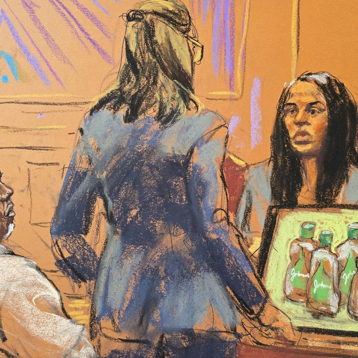 FILE PHOTO: Special agent Yasin Binda shows evidence photos from hotel where Sean \"Diddy\" Combs was arrested (including baby oil), during Sean \"Diddy\" Combs' sex trafficking trial in New York City, New York, U.S., May 16, 2025 in this courtroom sketch. REUTERS/Jane Rosenberg/File Photo