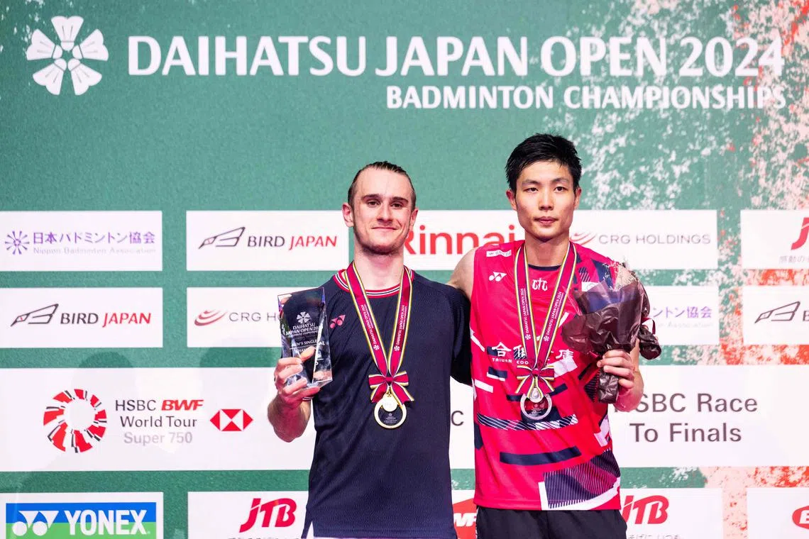 Gold medallist France’s Alex Lanier and silver medallist Chinese Taipei's Chou Tien-chen after their men's singles final in the Japan Open at the Yokohama Arena on Aug 25, 2024.