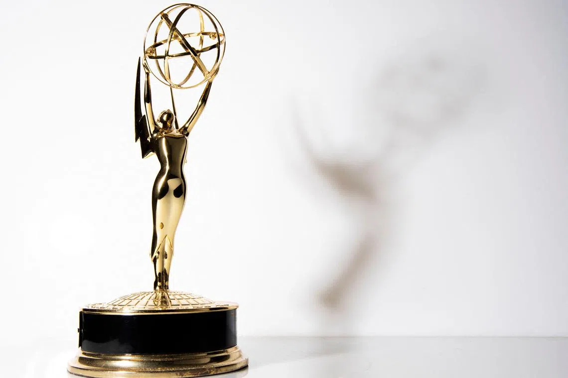 (FILES) An Emmy Trophy is pictured in Los Angeles, California, on September 16, 2021. "Succession," the HBO drama about an ultra-wealthy family fighting for control of a sinister media empire, led the nominations on July 12, 2023, for the Emmys -- television's version of the Oscars. Nominations were announced by "Community" star Yvette Nicole Brown, in a live-streamed ceremony hosted by Frank Scherma, chairman of the Television Academy, which organizes the awards. (Photo by VALERIE MACON / AFP)