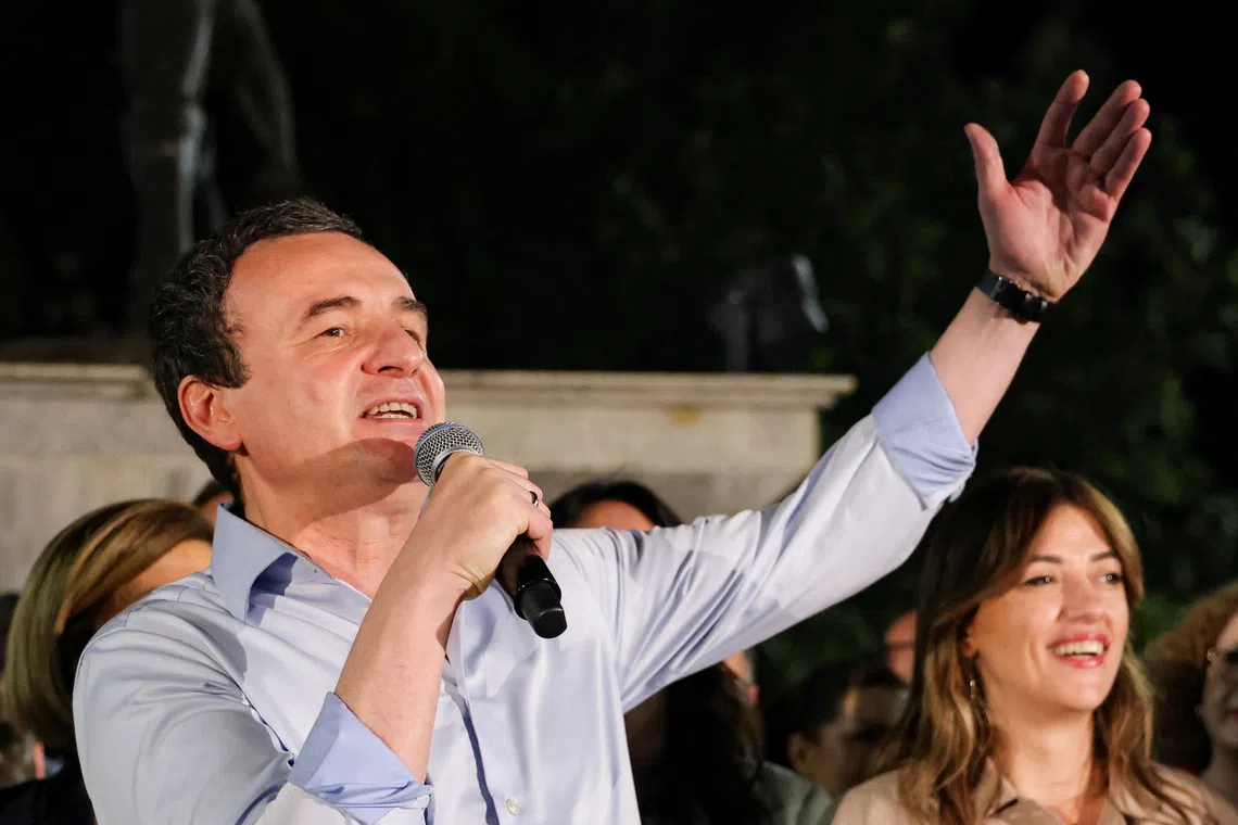 FILE PHOTO: Kosovo's acting Prime Minister and Levizja Vetevendosje (Movement for Self-Determination) party leader Albin Kurti addresses supporters following a snap parliamentary election, in Pristina, Kosovo, June 8, 2026. REUTERS/Valdrin Xhemaj/File Photo
