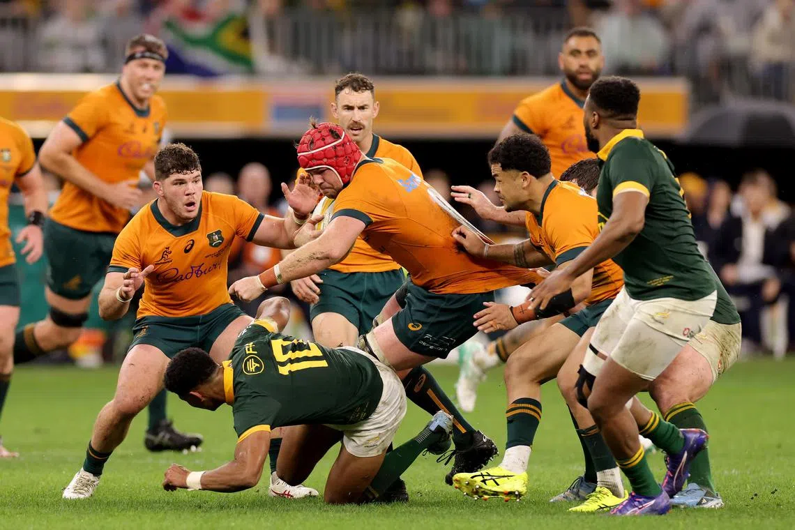 Harry Wilson (red cap) of the Australian Wallabies is tackled in the Rugby Championship match against the South African Springboks at Optus Stadium in Perth on Aug 17, 2024.