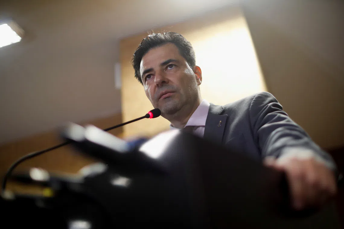 Brazil's new Mines and Energy Minister Adolfo Sachsida speaks during a news statement at the headquarters of the Ministry of Mines and Energy, in Brasilia, Brazil May 11, 2022. REUTERS/Adriano Machado