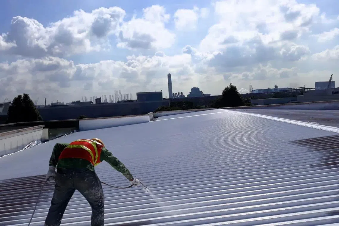 A worker spraying cool paint on a roof of the industrial building. The NTU team coated the roofs, walls, and road pavements of an industrial area for the trial. 