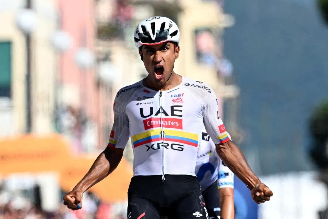 Cycling - Giro d'Italia - Stage 11 - Porcari to Chiavari - Italy - May 20, 2026 UAE Team Emirates - XRG's Jhonatan Narvaez celebrates winning stage 11 REUTERS/Jennifer Lorenzini