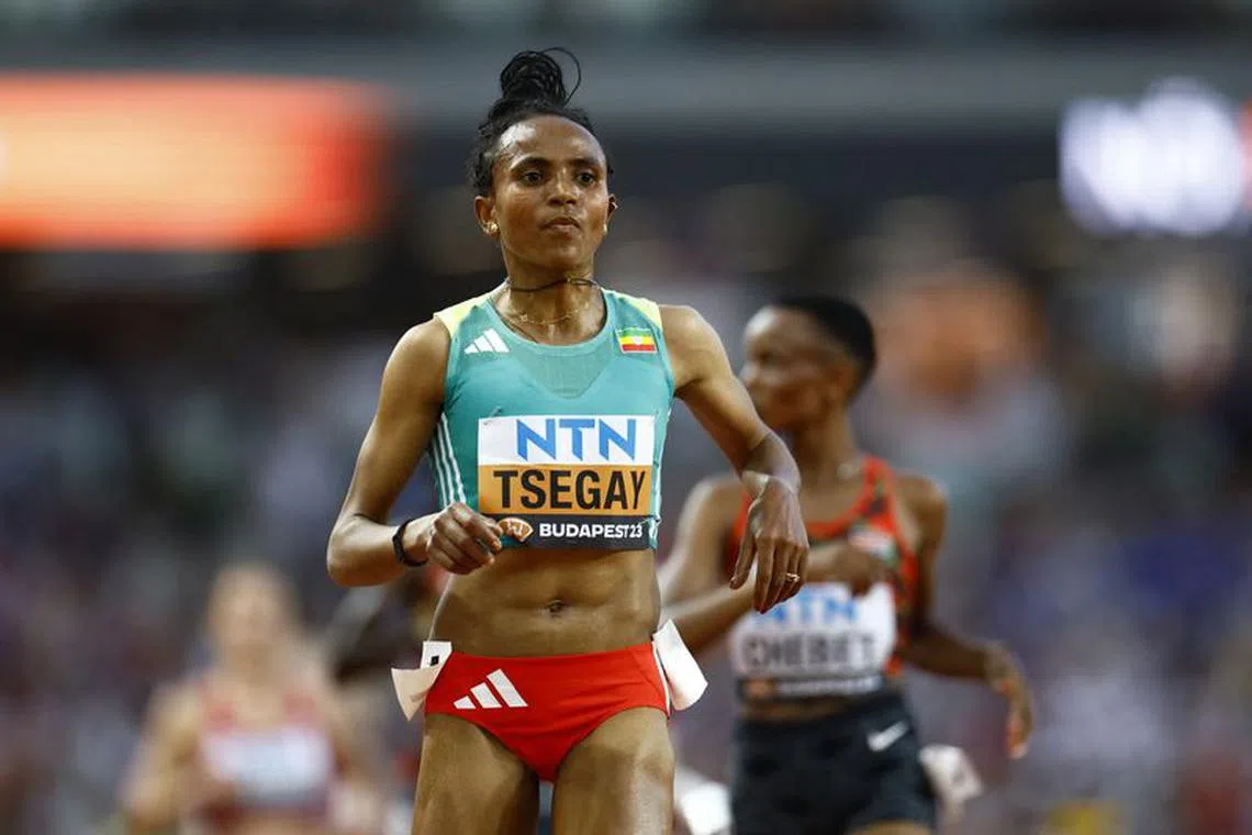 FILE PHOTO: Athletics - World Athletics Championship - Women's 5000m - National Athletics Centre, Budapest, Hungary - August 23, 2023 Ethiopia's Gudaf Tsegay crosses the finish line after heat 1 REUTERS/Sarah Meyssonnier/File Photo