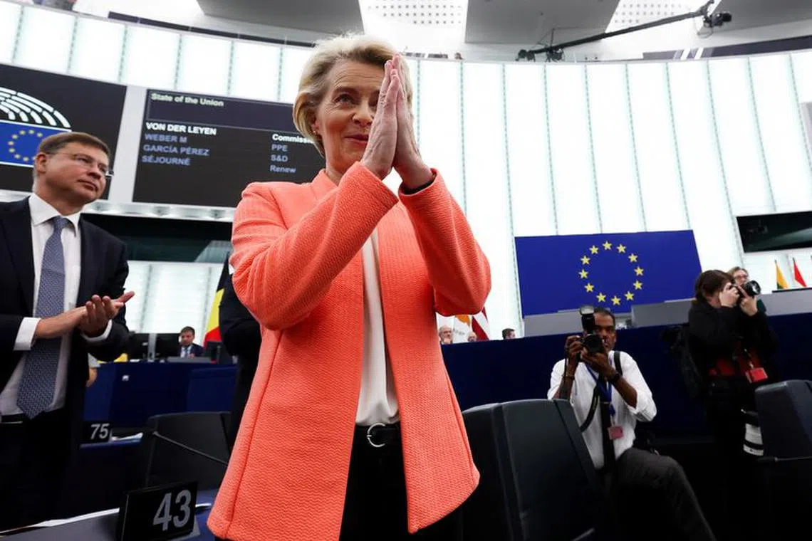 European Commission President Ursula von der Leyen reacts on the day of the annual State of the European Union address to the European Parliament, in Strasbourg, France, September 13, 2023. REUTERS/Yves Herman