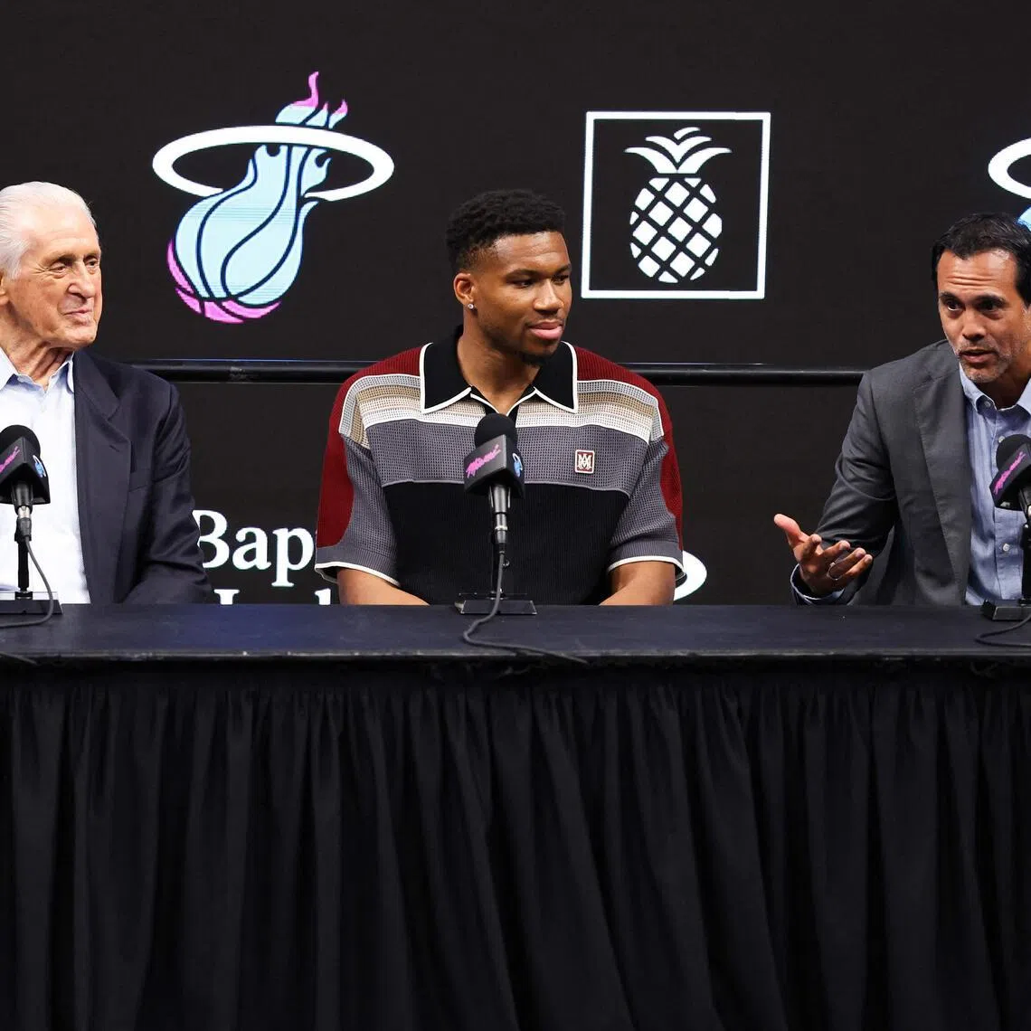 MIAMI, FLORIDA - JULY 16: Miami Heat President Pat Riley, Giannis Antetokounmpo #7, and head coach Erik Spoelstra of the Miami Heat speak to the media during an introductory press conference at Kaseya Center on July 16, 2026 in Miami, Florida. NOTE TO USER: User expressly acknowledges and agrees that, by downloading and or using this photograph, User is consenting to the terms and conditions of the Getty Images License Agreement.   Megan Briggs/Getty Images/AFP (Photo by Megan Briggs / GETTY IMAGES NORTH AMERICA / Getty Images via AFP)