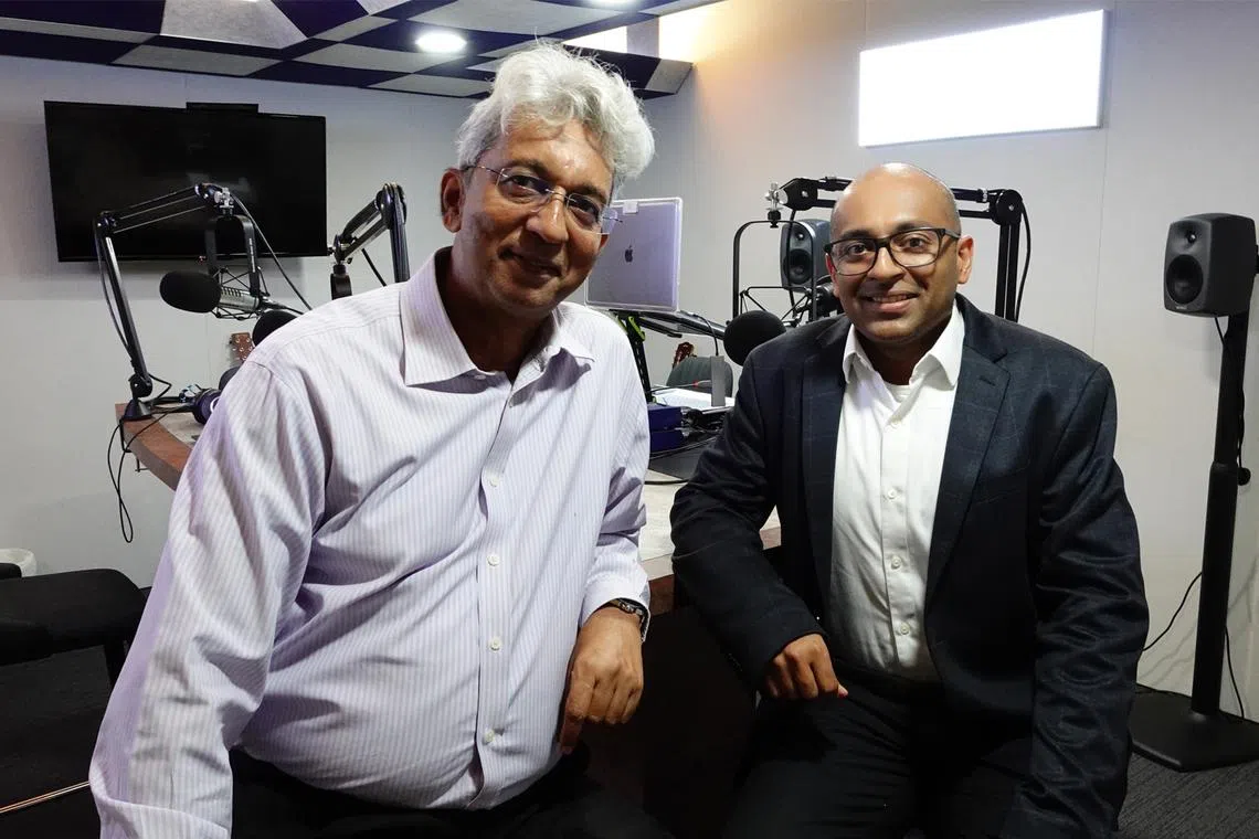 (From left) Ven Sreenivasan and head of research at Maybank Securities Thilan Wickramasinghe in the ST podcast studio.