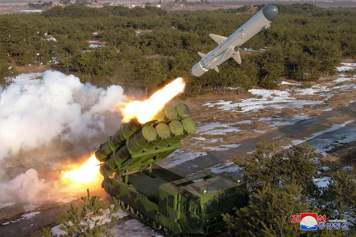 TOPSHOT - This photo taken on February 14, 2024 and released by North Korea's official Korean Central News Agency (KCNA) shows a new type of surface-to-sea missile Padasuri-6 to be equipped by the navy, which was test-fired toward the East Sea of Korea, at an undisclosed location in North Korea. 