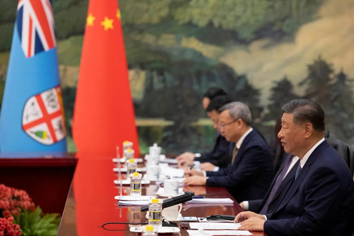 Chinese President Xi Jinping speaks during a meeting with Fiji's Prime Minister Sitiveni Rabuka at the Great Hall of the People in Beijing, China, August 20, 2024. ANDRES MARTINEZ CASARES/Pool via REUTERS