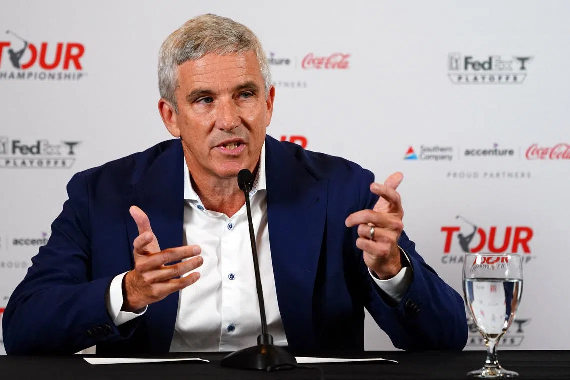 FILE PHOTO: Aug 22, 2023; Atlanta, Georgia, USA; PGA Commissioner Jay Monahan addresses the media during a press conference in the Clubhouse Ballroom at East Lake Golf Club prior to ThursdayÕs start of the TOUR Championship golf tournament. Mandatory Credit: John David Mercer-USA TODAY Sports/File Photo