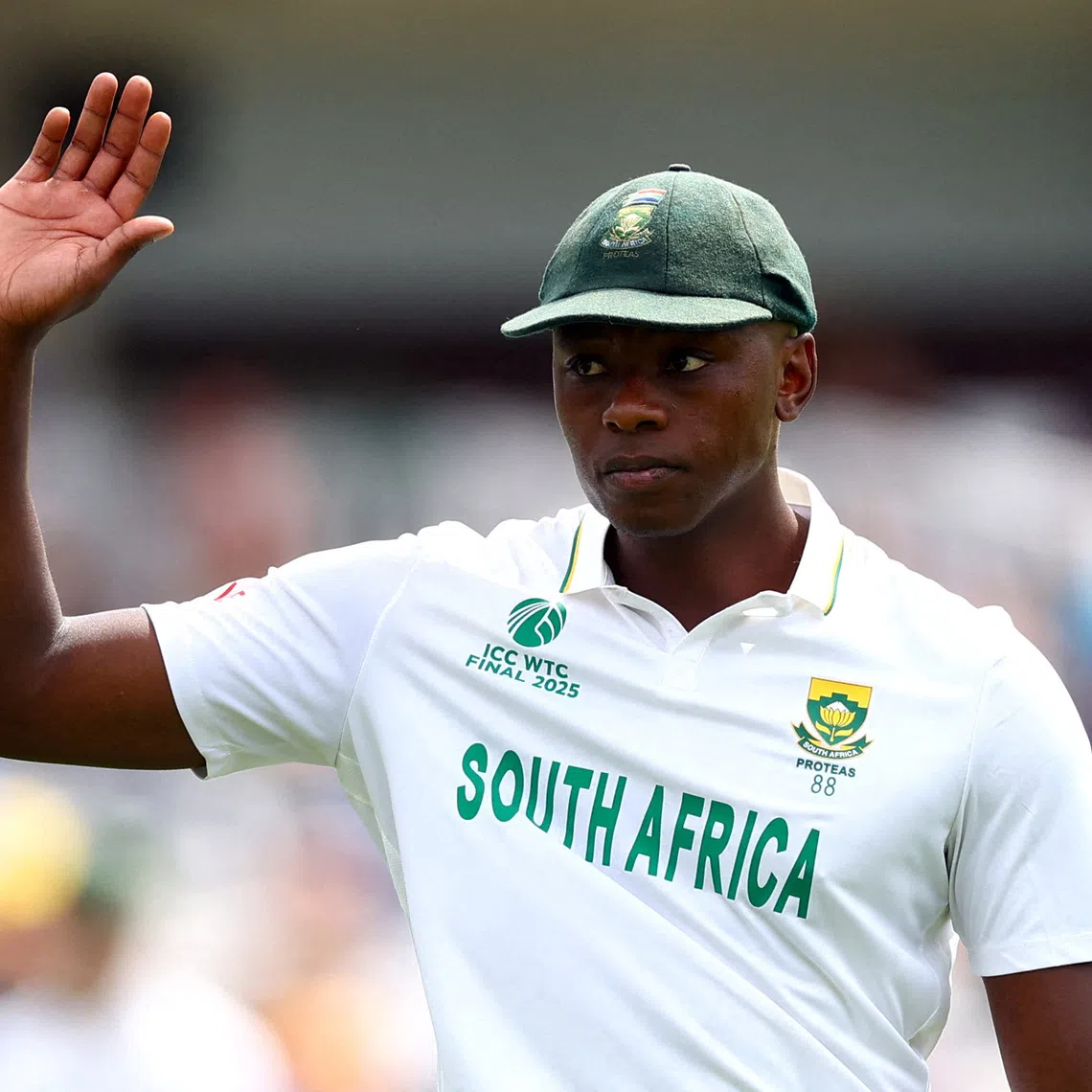 FILE PHOTO: South Africa's Kagiso Rabada in the 2025 ICC World Test Championship final against Australia in Lord's Cricket Ground, London, Britain, in June 2025. Action images via Reuters/Andrew Boyers/File Photo