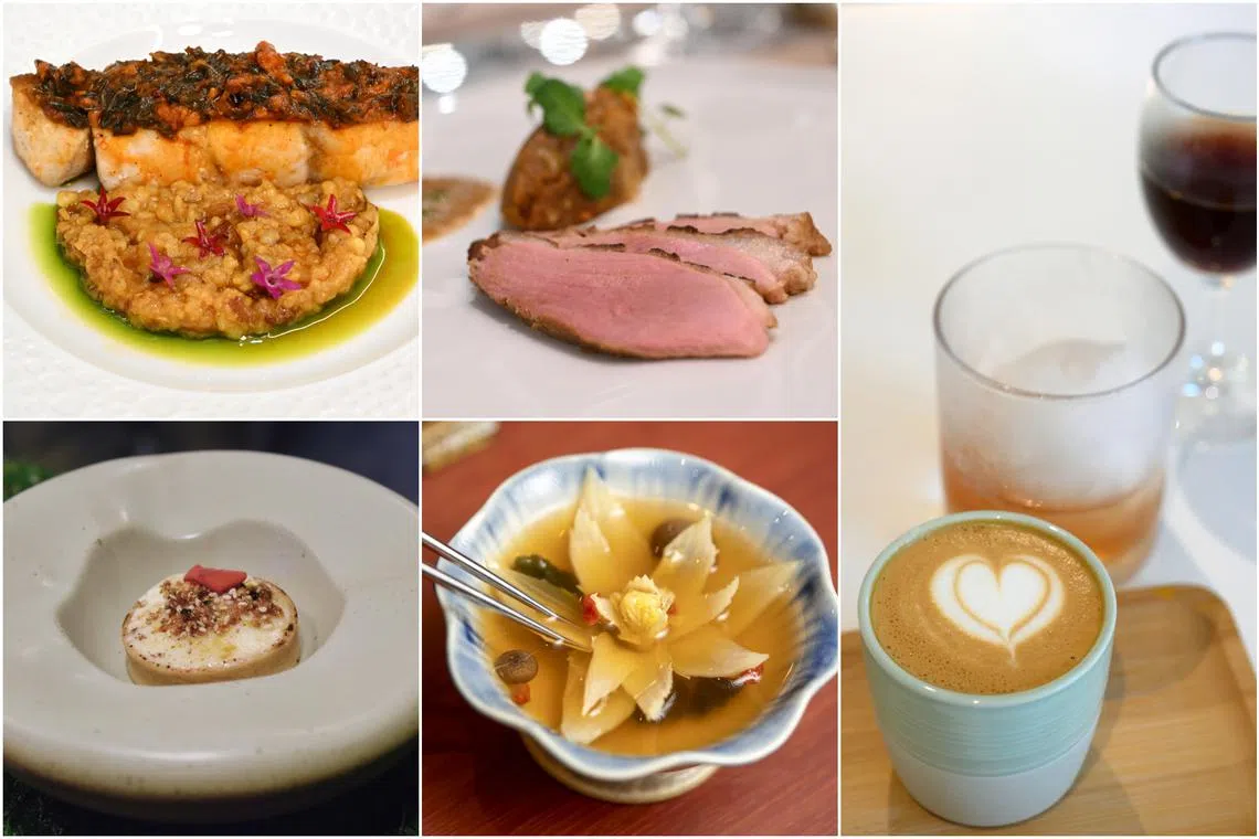(Clockwise from top left) Ammakase's Seabass with gongura sauce and millet-brown rice khichdi, Sous vide duck with eggplant and tomato-date chutney, drinks from Olla Specialty Coffee’s Ollakase, leek-infused soup with baby napa cabbage at Ki Su and Bone Marrow Creme Brulee at The Social Outcast.