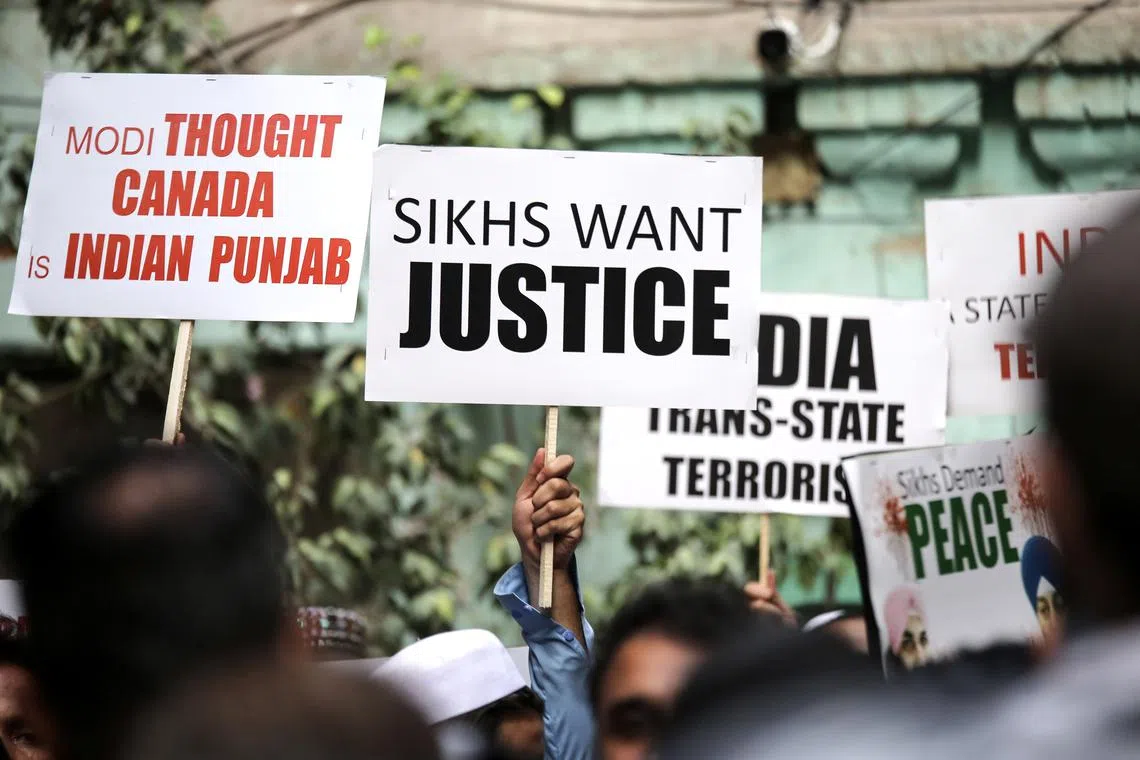 Members of the Pakistani Sikh minority during a protest against India over Hardeep Singh Nijjar's murder, in Lahore, on Sept 20.