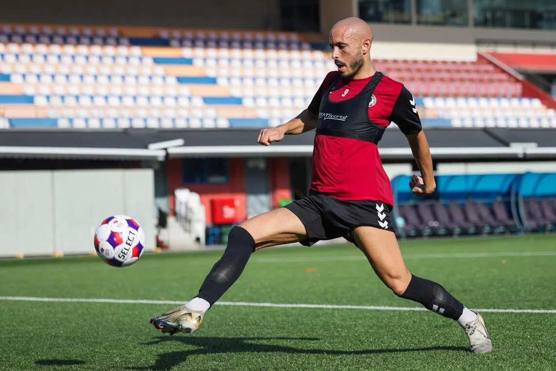 ST20251015_202586400474: Gin Tay/ kksoc16/Kimberly Kwek/
Tanjong Pagar United striker Youssef Ezzejjari, 32, in action during a training session at Jurong East Stadium on Oct 15, 2025.