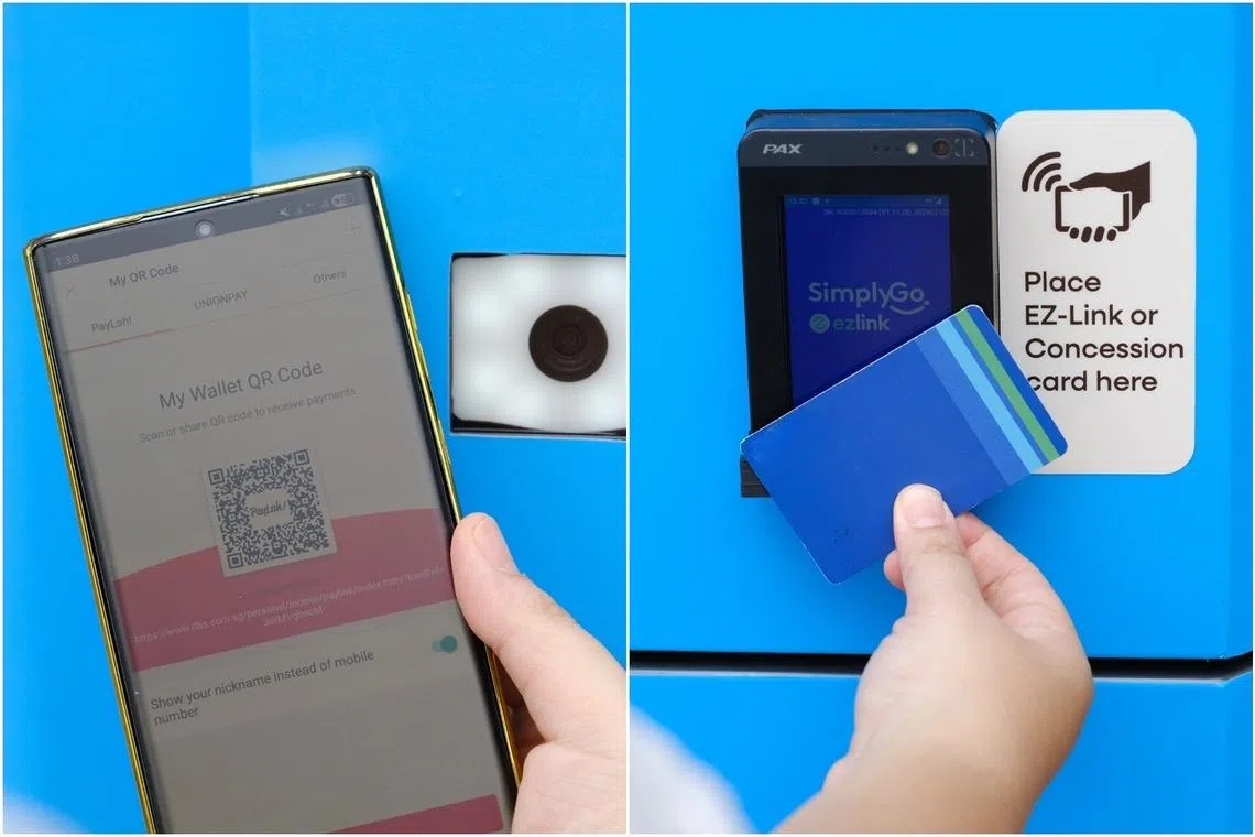 Users can generate and scan personal PayLah! QR codes (left) and tap their card at the machine.