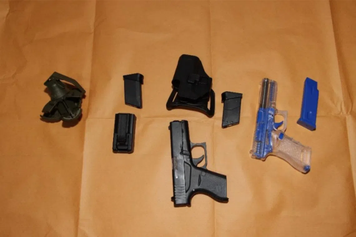 Officers found and seized an assortment of pellets, liquid gel balls, two samurai swords, seven catapults, four airsoft pistols and a replica rifle. 