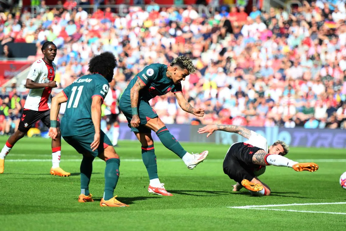 Liverpool's Roberto Firmino scoring their second goal during the English Premier League match against Southampton on Sunday. 
