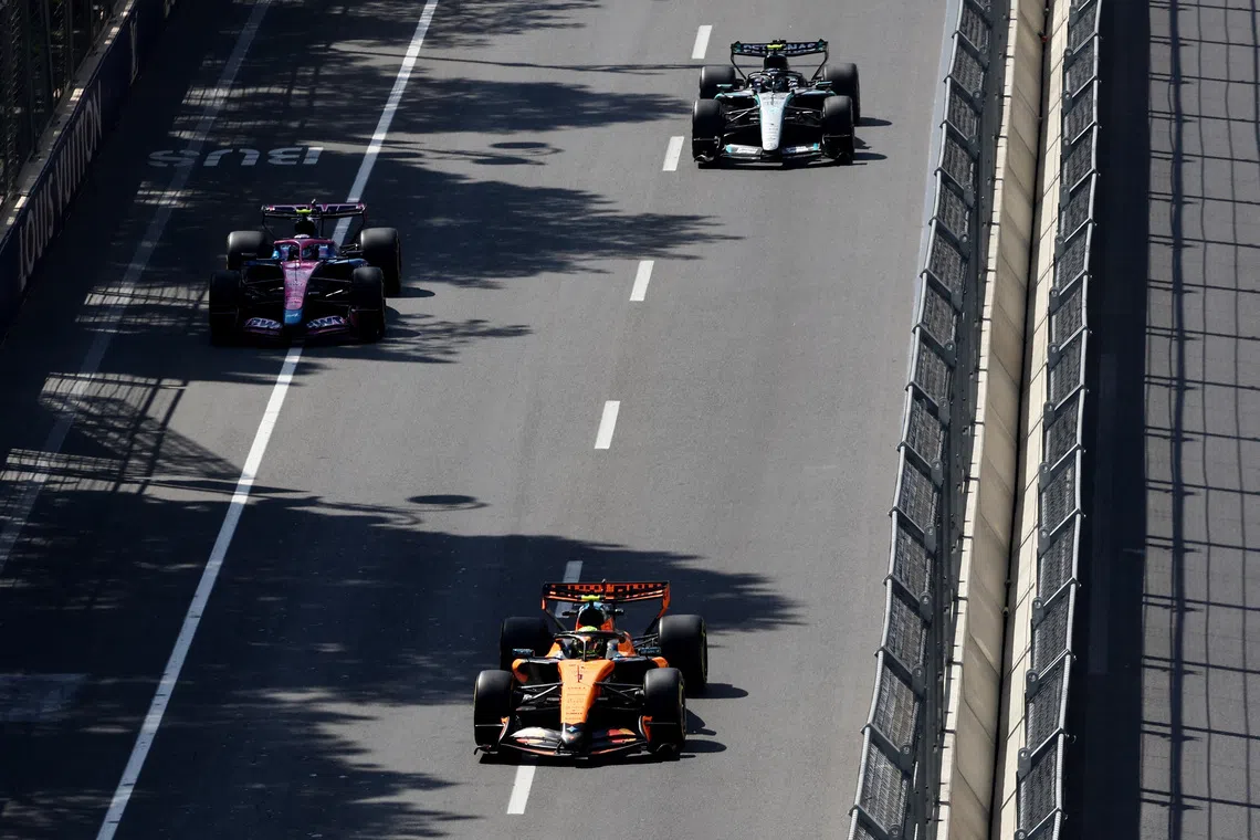 McLaren’s Lando Norris in action with Alpine’s Franco Colapinto and Mercedes’ Andrea Kimi Antonelli during practice at the Baku City Circuit in Azerbaijan, on Sept 24.