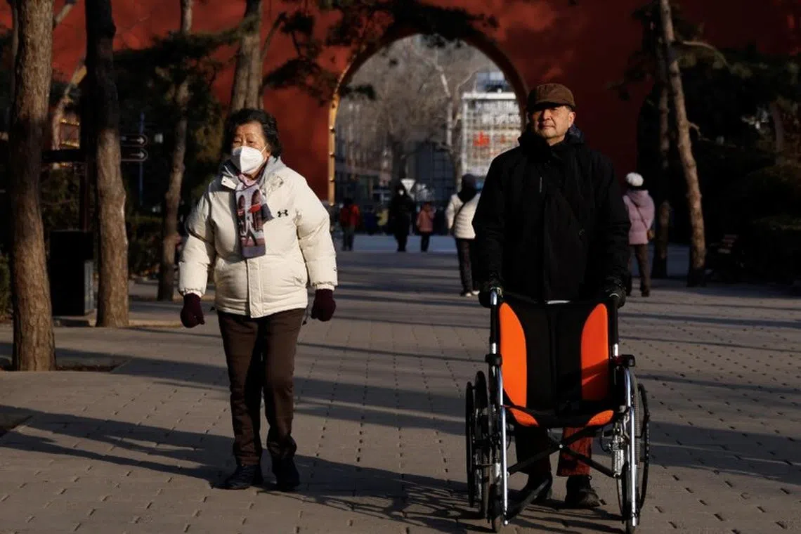 An elderly man pushes a wheelchair as he walks at a park in Beijing, China January 16, 2024. REUTERS/Tingshu Wang/file photo