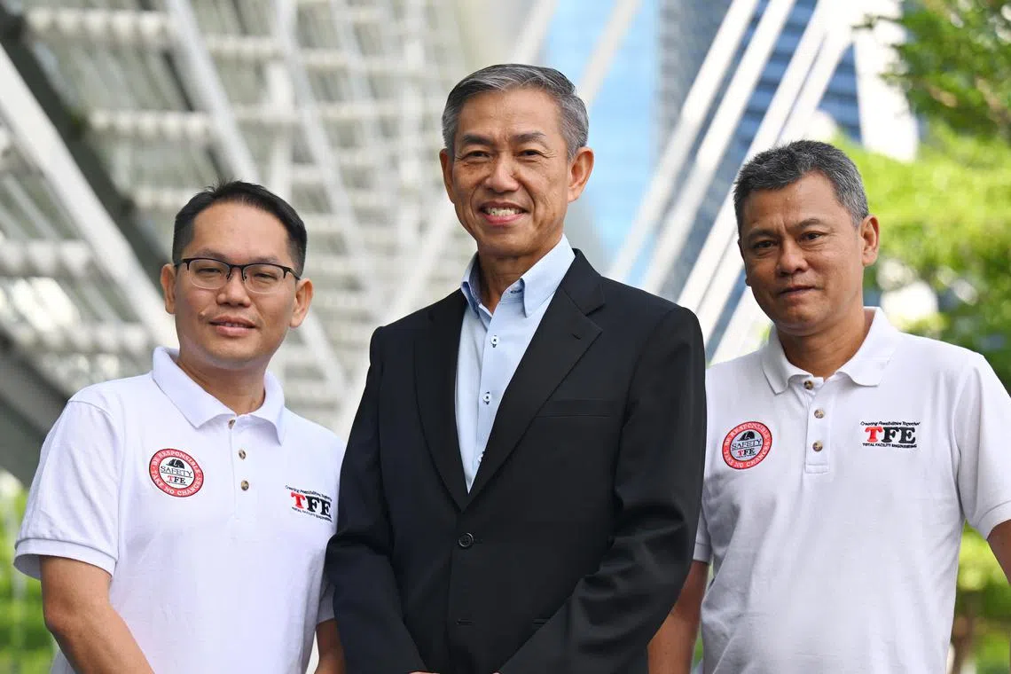 Mr Muhammad Khair Abdullah, safety officer, Total Facility Engineering

Mr Chen Kok Sing, Corporate Vice President and Singapore Country Manager of Micron Technology 

Mr Wong Kinghua, project manager, Total Facility Engineering, 

at The Singapore WSH Conference 2024 at Sands Expo and Convention Centre on Sept 11, 2024.