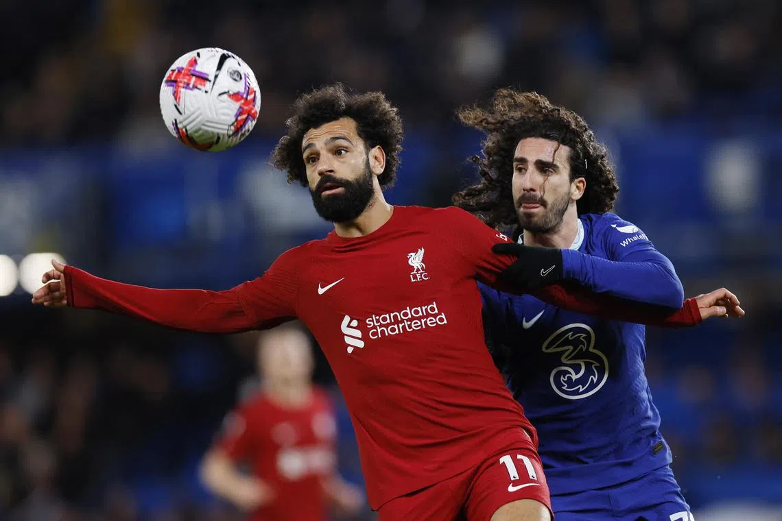 Liverpool's Mohamed Salah in action with Chelsea's Marc Cucurella as the teams drew 0-0 in London. 