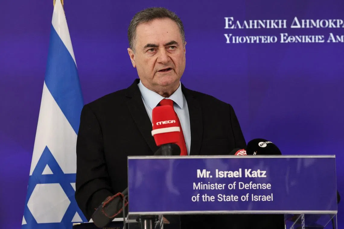 Israel's Defence Minister Israel Katz and his Greek counterpart Nikos Dendias make statements to the press,  at the Ministry of Defence in Athens Greece, January 20, 2026. REUTERS/Louisa Gouliamaki/File Photo
