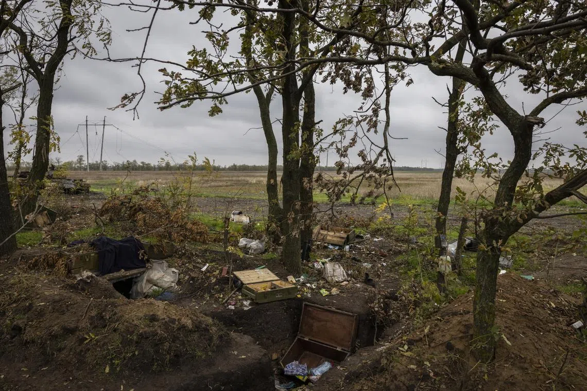 An abandoned Russian position in an area that Ukrainian forces recaptured near Pretrivka, in the Kherson region of Ukraine, on Oct 25, 2022. 