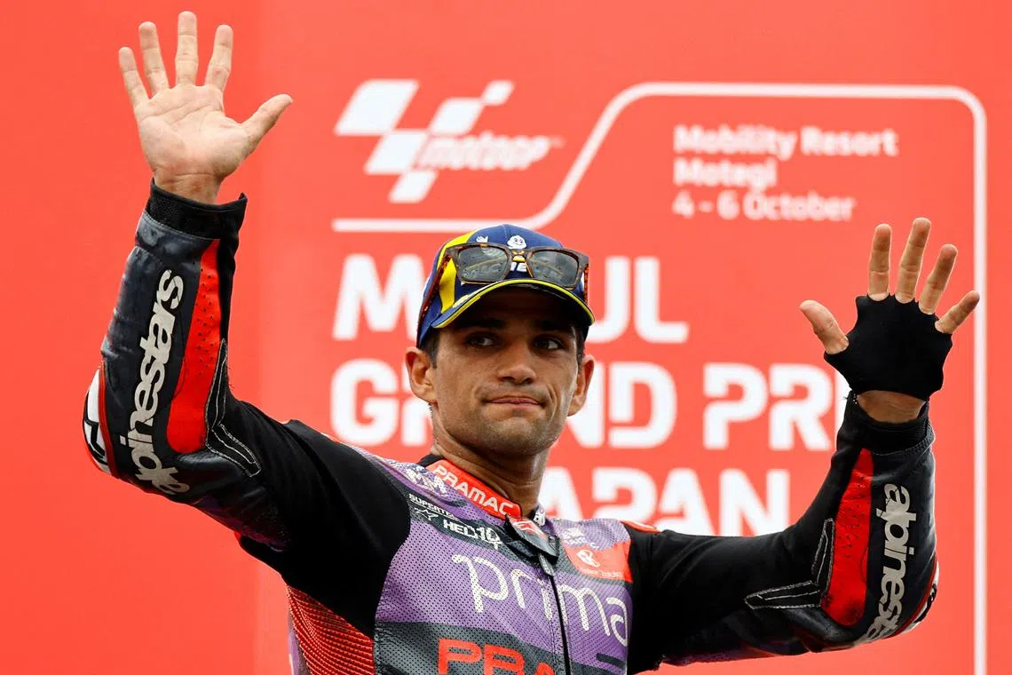 FILE PHOTO: MotoGP - Japanese Grand Prix - Mobility Resort Motegi, Motegi, Japan - October 6, 2024 Prima Pramac Racing's Jorge Martin celebrates on the podium after finishing second place in the Japanese Grand Prix REUTERS/Kim Kyung-Hoon/File Photo