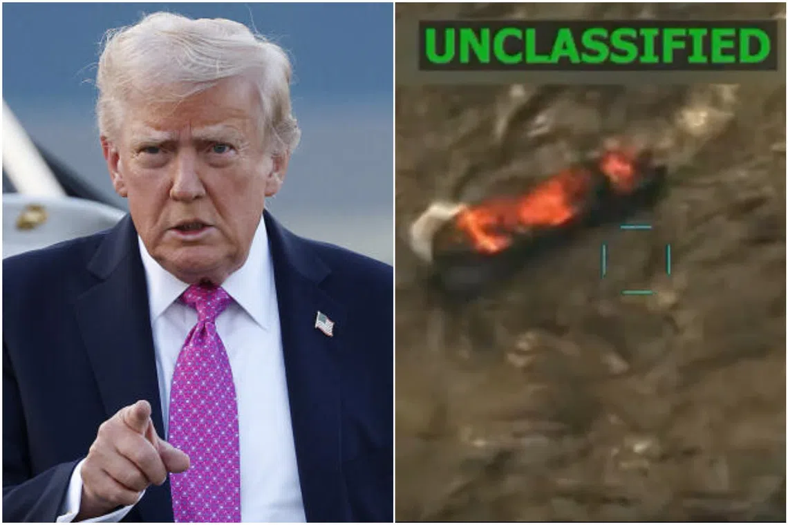 US President Donald Trump's post on Truth Social included a video showing a vessel on fire in a body of water.