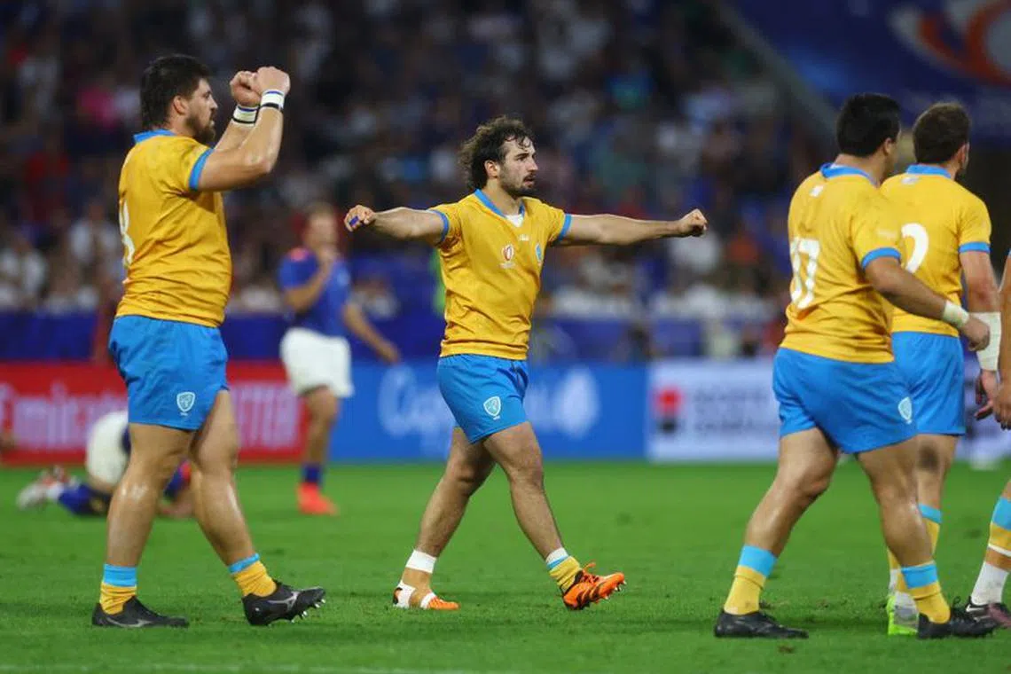 Rugby Union - Rugby World Cup 2023 - Pool A - Uruguay v Namibia - Groupama Stadium, Lyon, France - September 27, 2023 Uruguay's Manuel Ardao celebrate after the match REUTERS/Paul Childs