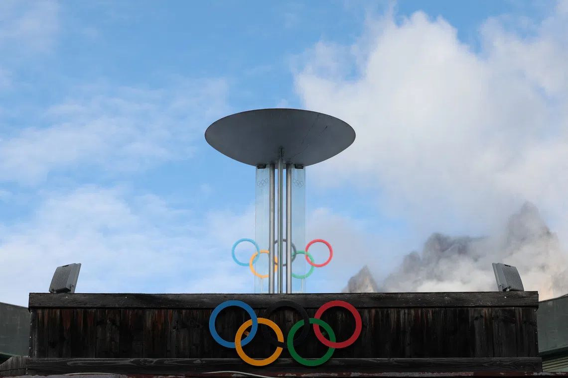 A general view of the Olympic brazier in front of the Stadio Olimpico del Ghiaccio ahead of Milano Cortina Winter Olympics 2026, in Cortina d’Ampezzo, Italy, December 5, 2025. REUTERS/Claudia Greco