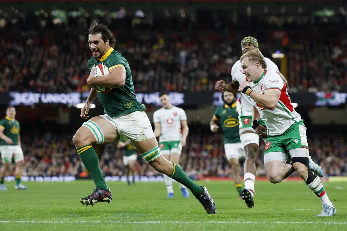 FILE PHOTO: Rugby Union - Autumn Internationals - Wales v South Africa - Principality Stadium, Cardiff, Wales, Britain - November 23, 2024 South Africa's Eben Etzebeth scores their second try Action Images via Reuters/Peter Cziborra/File Photo