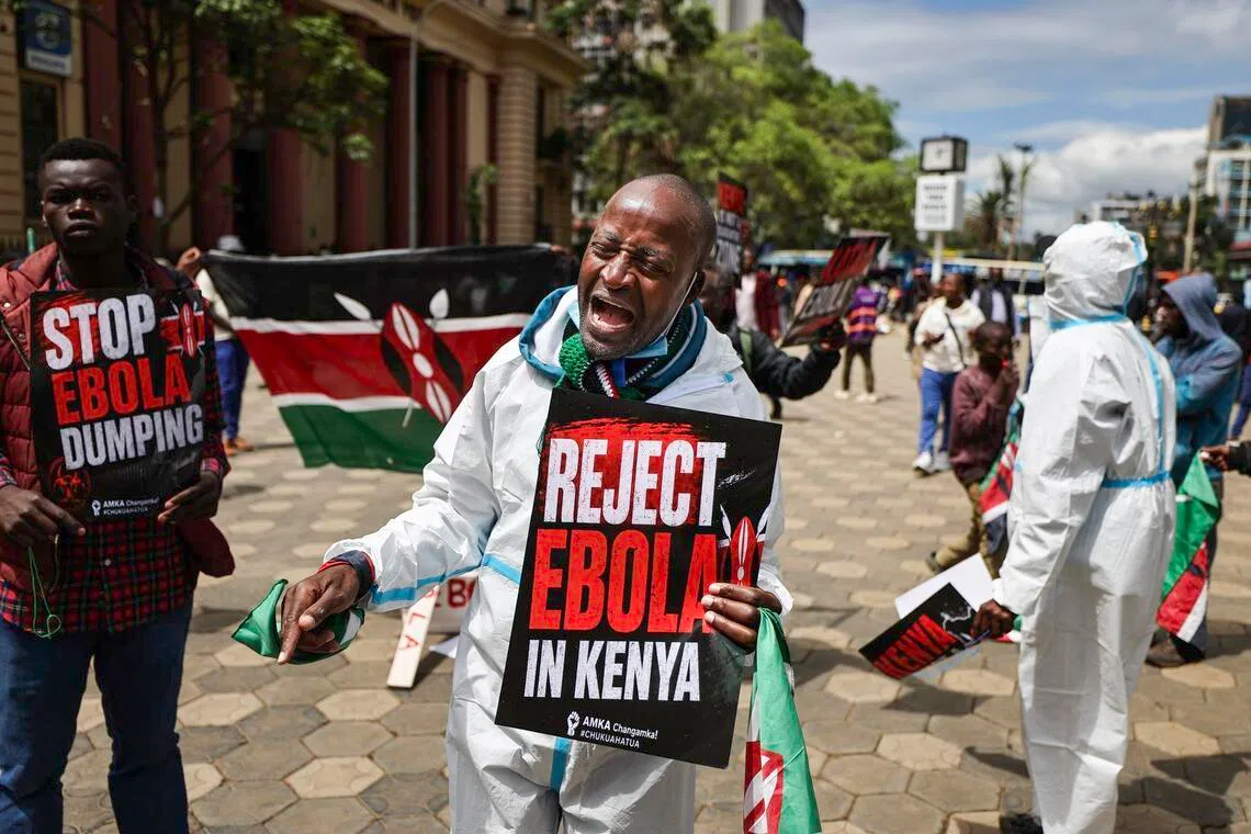 An activist protesting against the US Ebola facility under construction in Nairobi, Kenya, on June 2.