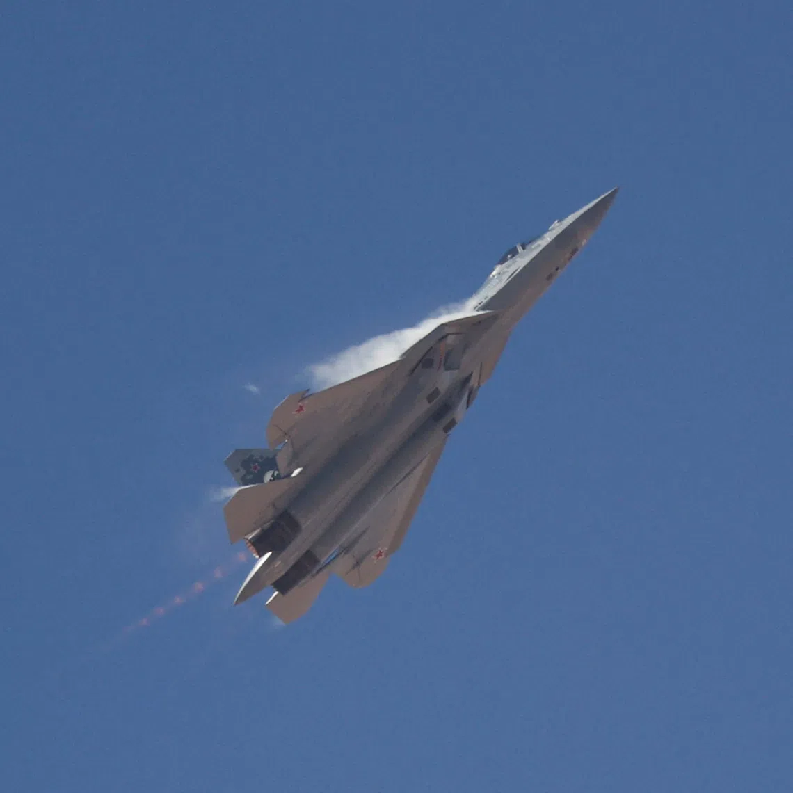 A Russian Sukhoi Su-57 stealth fighter jet on display during the second International Air Show and Aerospace Expo at El Alamein International Airport in El Alamein, Egypt, September 9, 2026. Egypt is hosting the event from September 8 to 10, 2026, with more than 100 aircraft expected to participate in flying and static displays. REUTERS/Amr Abdallah Dalsh