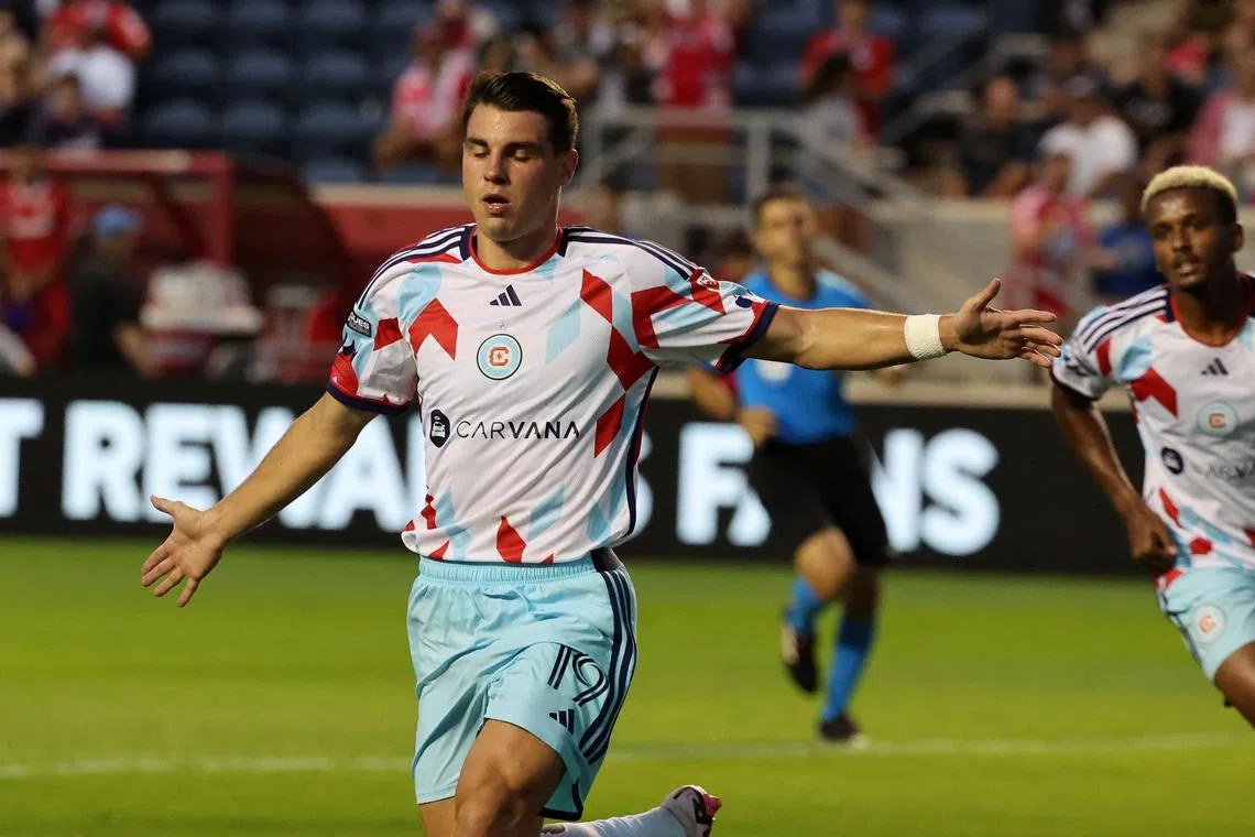 Aug 1, 2024; Bridgeview, Illinois, USA; Chicago Fire FC forward Georgios Koutsias (19) reacts after scoring a goal against Toluca during the first half at SeatGeek Stadium. Mandatory Credit: Mike Dinovo-USA TODAY Sports/ File Photo