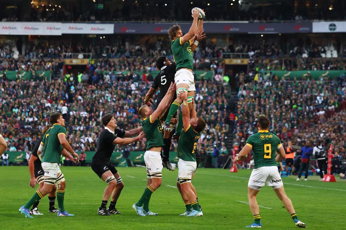 South Africa's Eben Etzebeth in action at a line-out during the Springboks' Rugby Championship win over New Zealand in Johannesburg on Aug 31. Ruan Nortje and Etzebeth have dominated line-outs in the 2024 Rugby Championship, according to the Opta analytics company, leading the competitions’ line-out wins with 31 and 24 takes, respectively. 