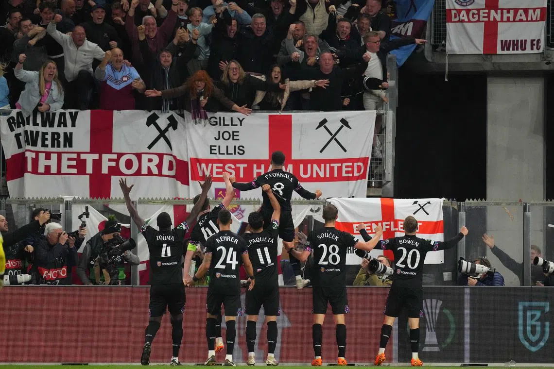 West Ham players celebrating Pablo Fornal's goal against AZ Alkmaar during the second leg of the Uefa Europa Conference League semi-finals on Thursday.