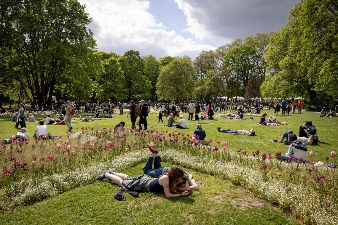 People lying next to tulip flowers during the Tulips Festival at the Parc de la Legion d'Honneur in Saint Denis, in the northern suburbs of Paris on April 19.