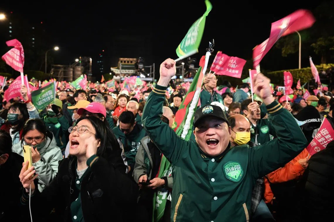 Supporters cheering at the rally for DPP presidential candidate Lai Ching-te, who is also Taiwan's Vice-President, in Taipei on Jan 11, 2024.