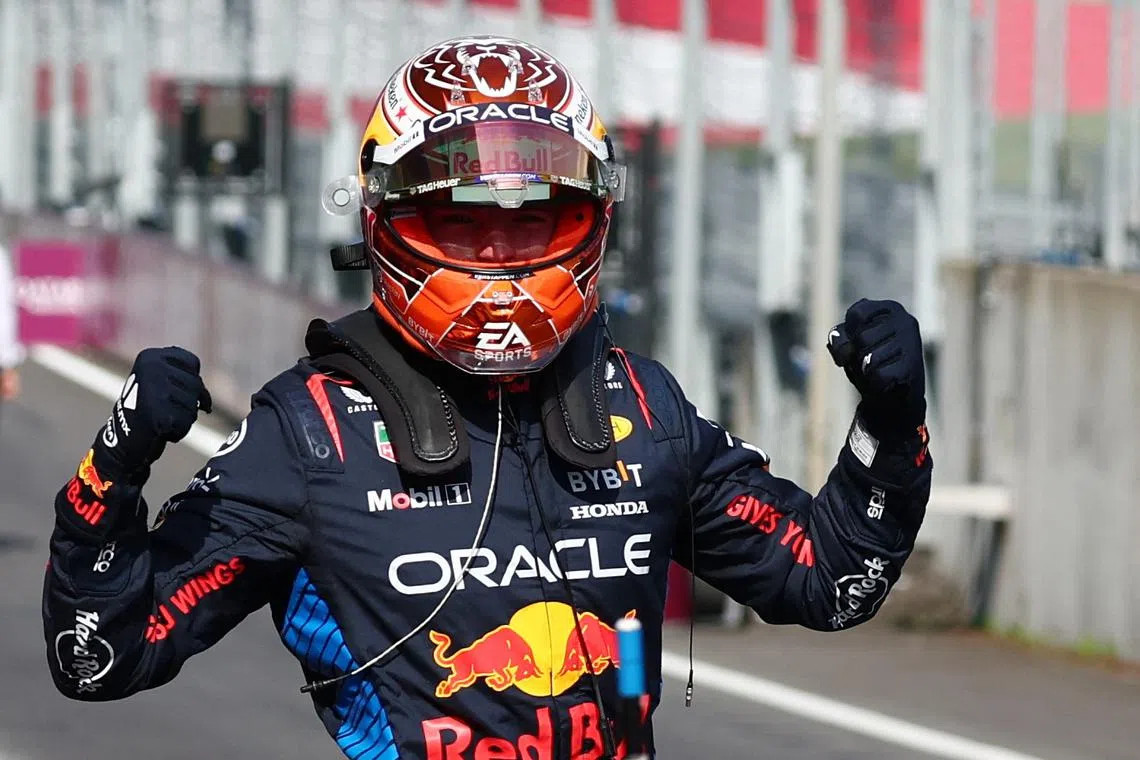 Formula One F1 - Austrian Grand Prix - Red Bull Ring, Spielberg, Austria - June 29, 2024 Red Bull's Max Verstappen celebrates after qualifying in pole position REUTERS/Florion Goga