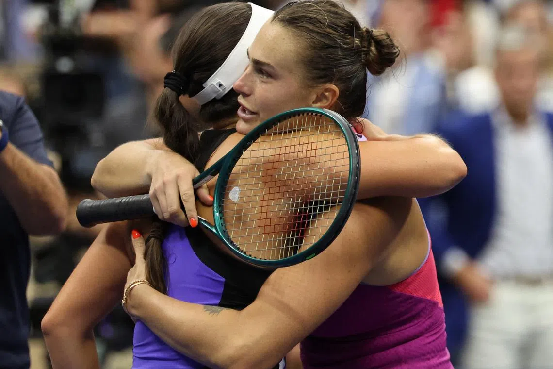 Tennis - U.S. Open - Flushing Meadows, New York, United States - September 7, 2024 Belarus' Aryna Sabalenka greets Jessica Pegula of the U.S. after winning their final match REUTERS/Mike Segar