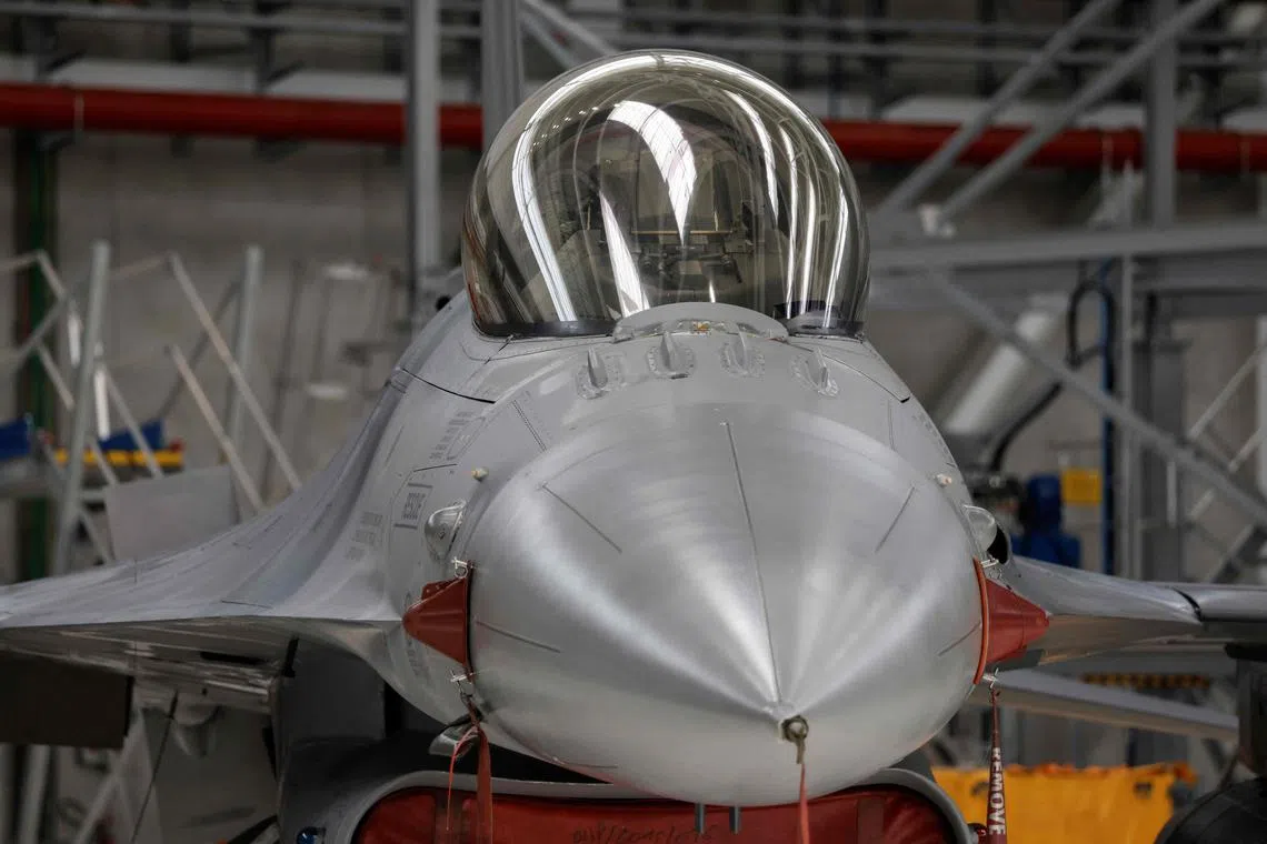 This file photograph shows a F-16 fighter jet during the Ukrainian President's official visit to inspect F-16 fighter jets  at Melsbroek military airport on May 28, after Belgium committed to deliver 30 of them to help Kyiv battle Russia's invasion. 