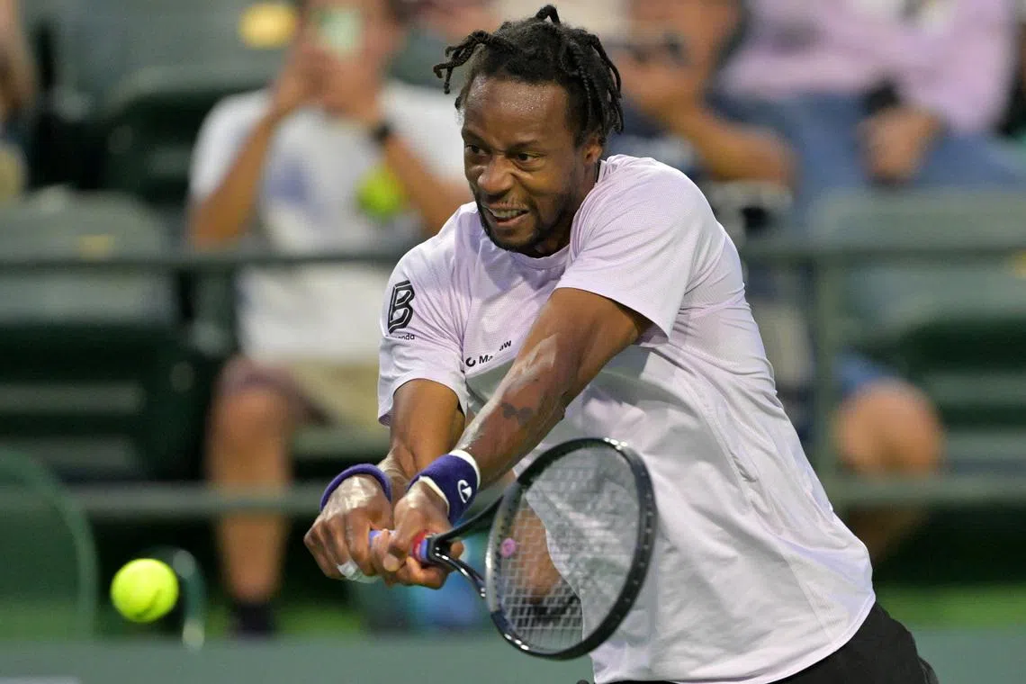 FILE PHOTO: Mar 4, 2026; Indian Wells, CA, USA; Gael Monfils (FRA) hits a shot as he defeated Alexis Galarneau (CAN) in his first round match during the BNP Paribas Open at the Indian Wells Tennis Garden. Mandatory Credit: Jayne Kamin-Oncea-Imagn Images/ File Photo