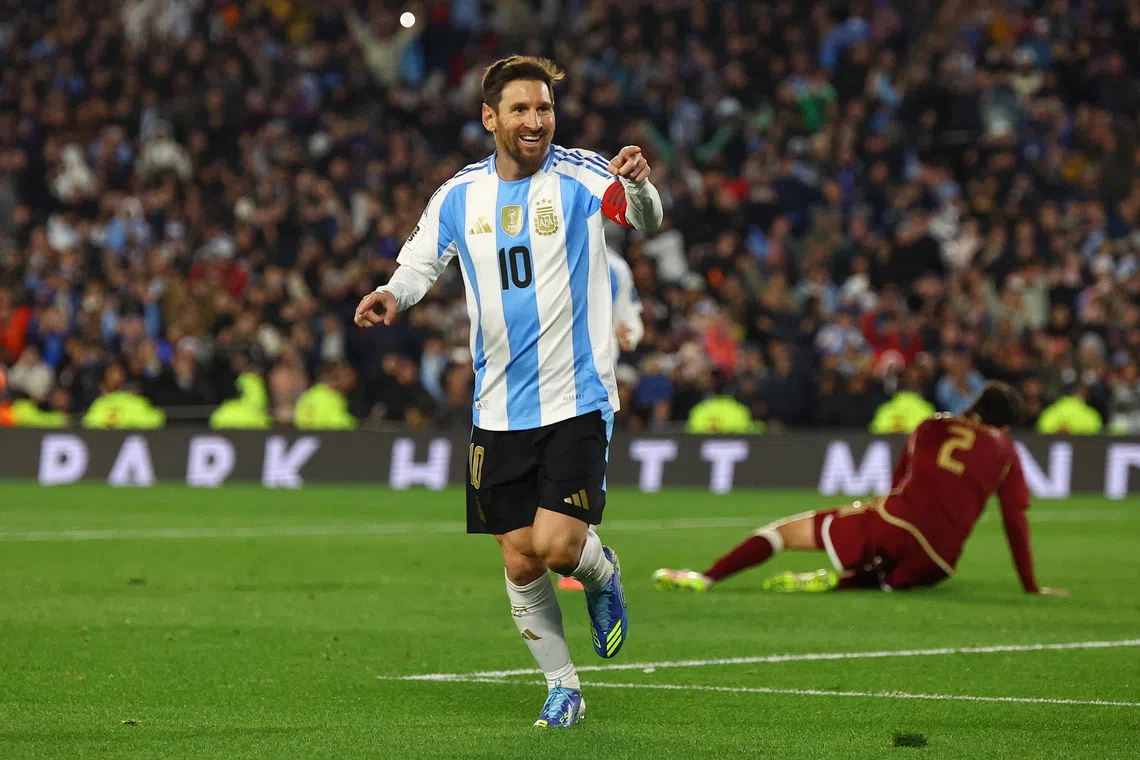 Soccer Football - World Cup - CONMEBOL Qualifiers - Argentina v Venezuela - Estadio Monumental, Buenos Aires, Argentina - September 4, 2025 Argentina's Lionel Messi celebrates scoring their third goal REUTERS/Agustin Marcarian