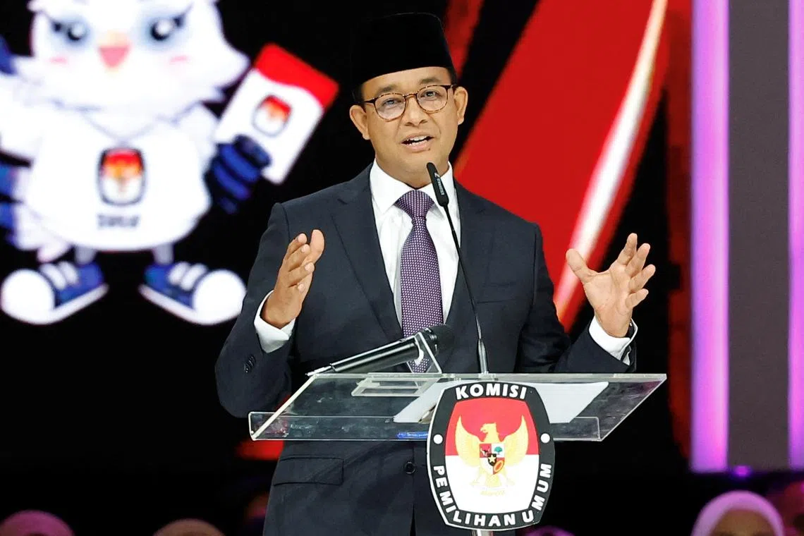 FILE PHOTO: Presidential candidate and former Jakarta Governor Anies Baswedan speaks during a televised debate ahead of the general election at the Jakarta Convention Center in Jakarta, Indonesia, February 4, 2024. REUTERS/Willy Kurniawan/File Photo