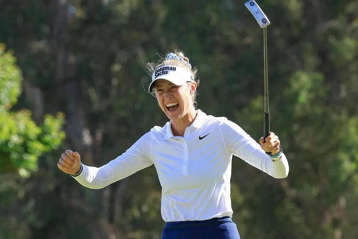 Nelly Korda of the United States celebrates holing the winning putt on the 18th green to secure her one shot victory during the final round of the US Women's Open at Riviera Country Club on June 7, 2026 in Pacific Palisades, California.