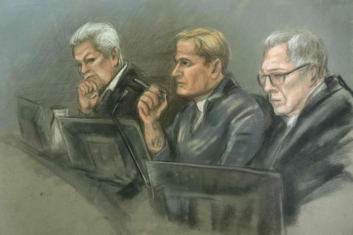 A court sketch of Marius Borg Hoiby (centre) in court with his defence lawyers Ellen Holager Andenaes (left) and Petar Sekulic.
