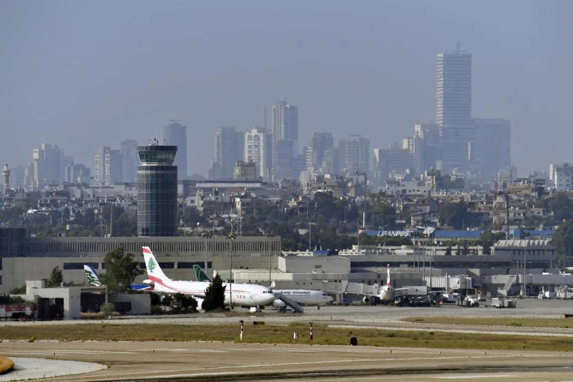 epa11432462 Planes at Rafik Hariri international airport in Beirut, Lebanon, 23 June 2024. Lebanese Minister of Public Works and Transportation Ali Hamieh denied media reports of storing weapons at the Rafik Hariri international airport and invited media outlets and ambassadors or their representatives to tour the airport on 24 June. Hamieh held the press conference to respond to a report published by the British newspaper The Telegraph which quoted an anonymous airport worker claiming that 'Hezbollah is storing huge quantities of Iranian weapons, missiles, and explosives' in the civilian airport.  EPA-EFE/WAEL HAMZEH